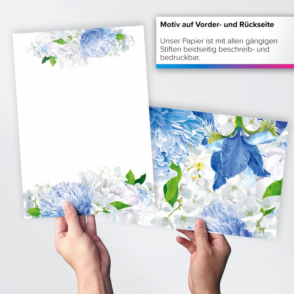 50 Blatt Briefpapier DIN A4 Motiv Romantische Blumen Blau Weiss 50-blatt-briefpapier-din-a4-motiv-romantische-blumen-blau-weiss