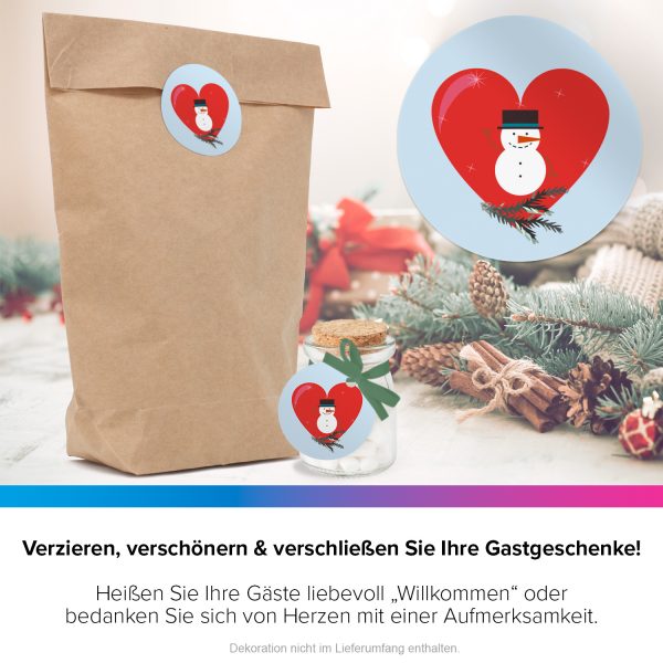 48 Weihnachtsaufkleber Schneemann mit Herz - für Geschenke zu Weihnachten / Sticker / Aufkleber / Etiketten / Geschenkaufkleber rund / Set