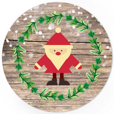 48 Weihnachtsaufkleber Weihnachtsmann mit Holzhintergrund - für Geschenke zu Weihnachten / Sticker / Aufkleber / Etiketten / Geschenkaufkleber rund / Set