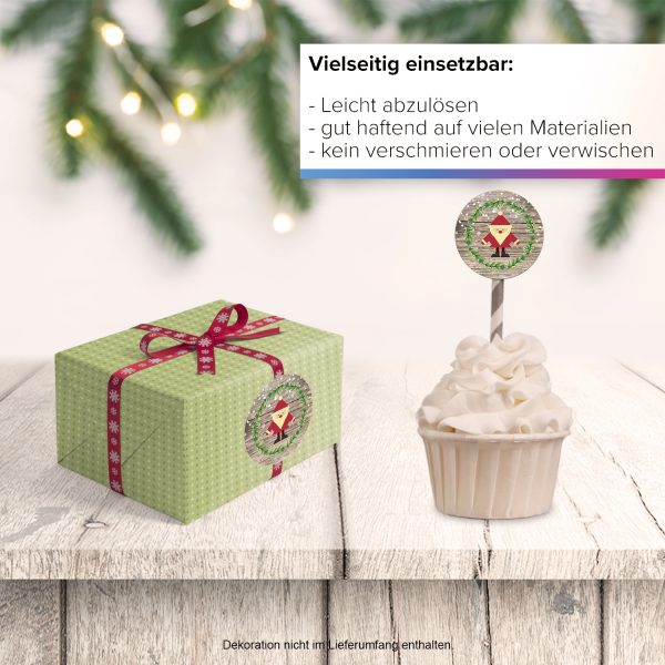48 Weihnachtsaufkleber Weihnachtsmann mit Holzhintergrund - für Geschenke zu Weihnachten / Sticker / Aufkleber / Etiketten / Geschenkaufkleber rund / Set