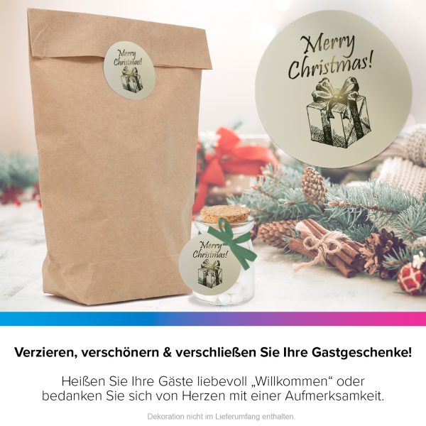 48 Weihnachtsaufkleber Vintage Merry Christmas mit Geschenkpaket - für Geschenke zu Weihnachten / Sticker / Aufkleber / Etiketten / Geschenkaufkleber rund / Set