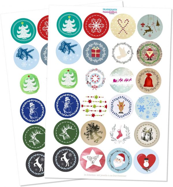 48 Weihnachtsaufkleber - Bunter Motiv Mix - für Geschenke und Verpackungen zu Weihnachten / Sticker / Aufkleber / Etiketten / Runde Geschenkaufkleber