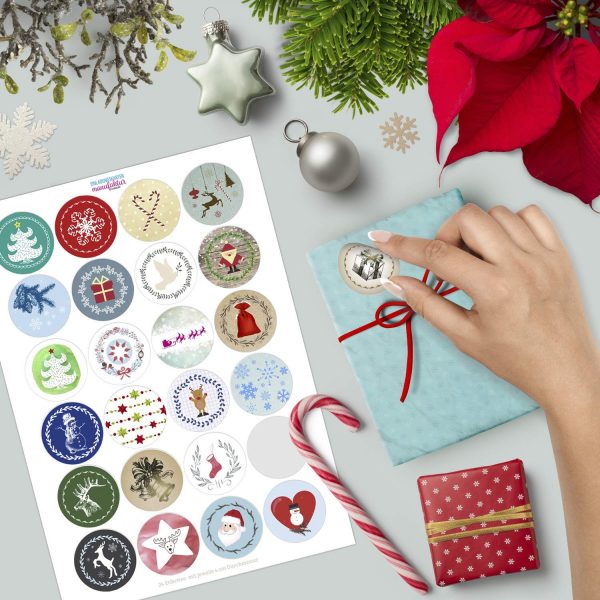 48 Weihnachtsaufkleber - Bunter Motiv Mix - für Geschenke und Verpackungen zu Weihnachten / Sticker / Aufkleber / Etiketten / Runde Geschenkaufkleber