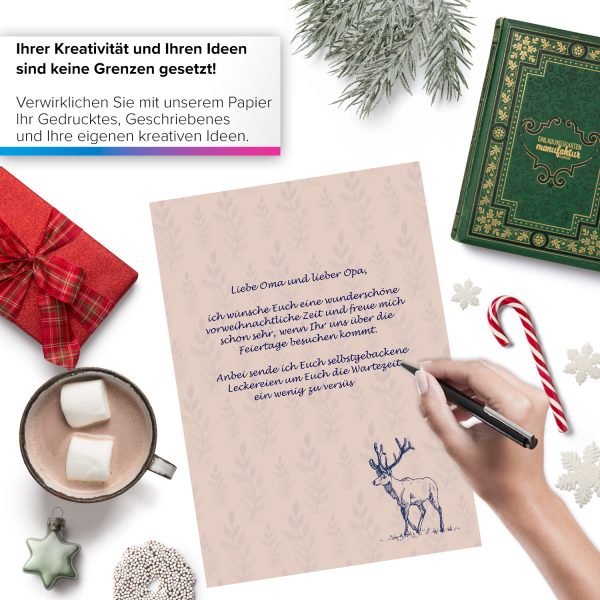 50 Blatt Weihnachtspapier (A4) | Rentier beige klassisch | Motivpapier | edles Briefpapier Weihnachten | beidseitig weihnachtlich bedruckt