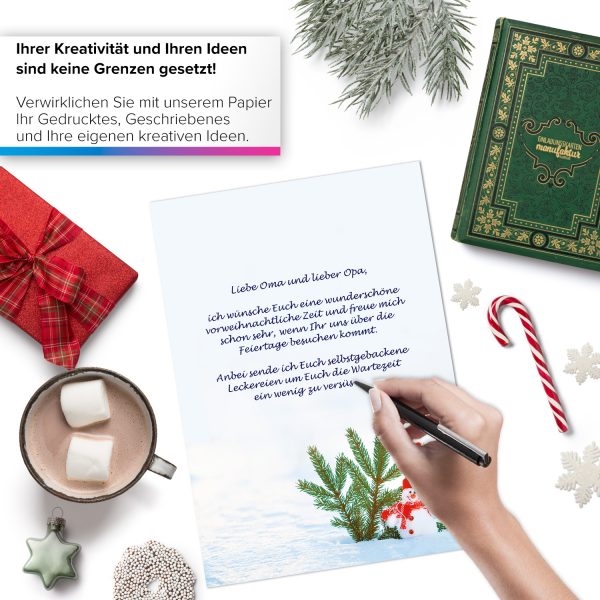 50 Blatt Weihnachtspapier (A4) | Tanne und Schneemann | Motivpapier | edles Briefpapier Weihnachten | beidseitig weihnachtlich bedruckt