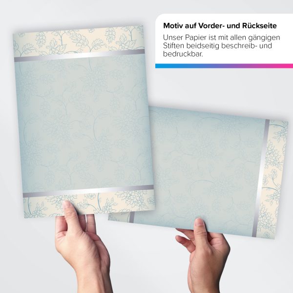 Briefpapier DIN A4 | Edles Blumen Vintage Papier Grau Blau Muster | Motivpapier | edles Design Papier | beidseitig bedruckt | Bastelpapier | 90 g/m²