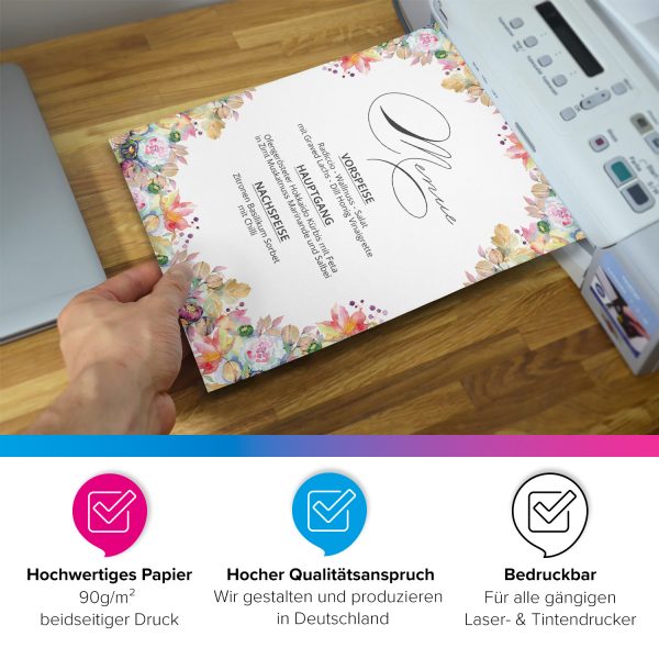 50 Blatt Briefpapier (A4) | Gemalte Blumen Rahmen bunt | Motivpapier | edles Design Papier | beidseitig bedruckt | Bastelpapier | 90 g/m²