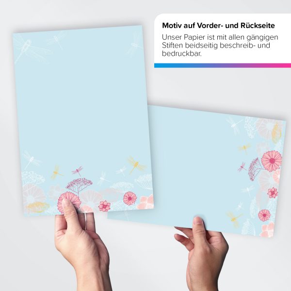 Briefpapier DIN A4 | Hellblau mit Blumen und Libellen Muster | Motivpapier | edles Design Papier | beidseitig bedruckt | Bastelpapier | 90 g/m²