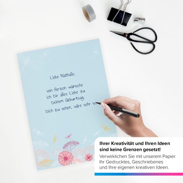 Briefpapier DIN A4 | Hellblau mit Blumen und Libellen Muster | Motivpapier | edles Design Papier | beidseitig bedruckt | Bastelpapier | 90 g/m²