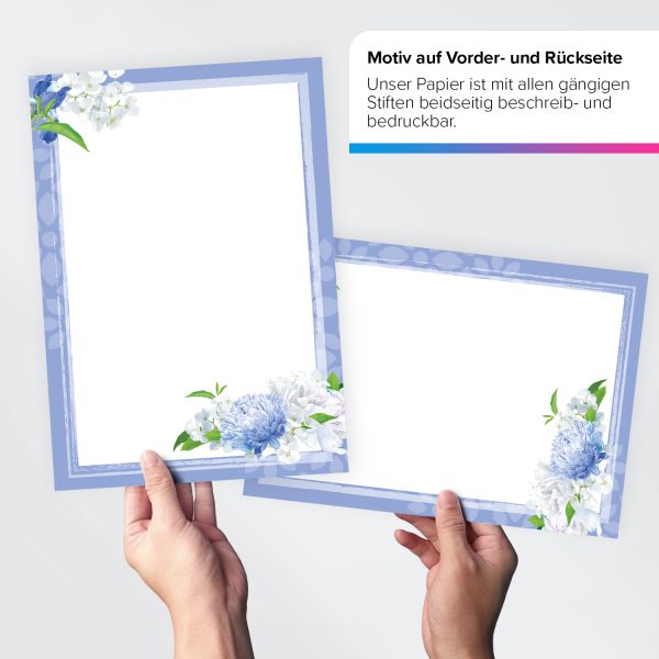 Briefpapier DIN A4 | Blumen Rahmen blau | Motivpapier | edles Design Papier | beidseitig bedruckt | Osternpapier Motiv Ostern | 90 g/m²