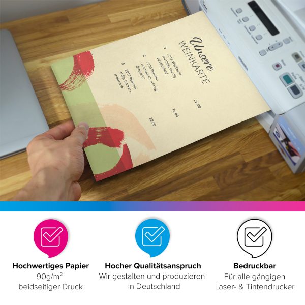 Briefpapier DIN A4 | Speisekarten | Modern Weinkarte | edles Design Gastro-Papier | beidseitig bedruckt | für Gastronomie Restaurant Menukarten