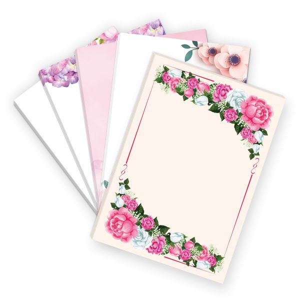 50 Blatt Briefpapier 5x10 MIX | Rosa Blumen und Blüten 5 Motive | Motivpapier A4 | edles Design Papier | beidseitig bedruckt | Set | 90 g/m²