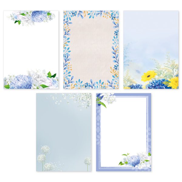 50 Blatt Briefpapier 5x10 MIX | Blumen Mix Blau - 5 Motive | Motivpapier A4 | edles Design Papier | beidseitig bedruckt | Set | 90 g/m²