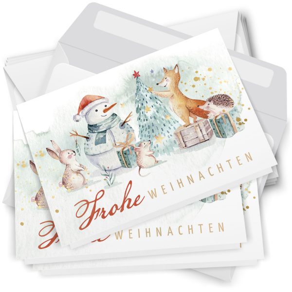 10 Weihnachtskarten Grußkarten zu Weihnachten - Klappkarten mit Umschlägen - Frohe Weihnachten niedliche Tiere Schneemann