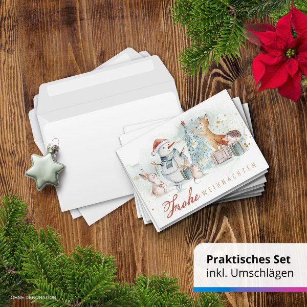 10 Weihnachtskarten Grußkarten zu Weihnachten - Klappkarten mit Umschlägen - Frohe Weihnachten niedliche Tiere Schneemann