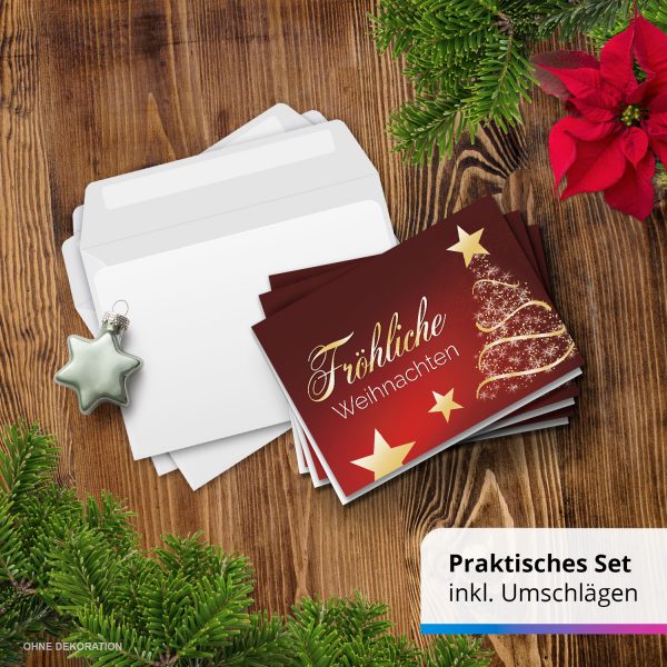 10 Weihnachtskarten Grußkarten zu Weihnachten - Klappkarten mit Umschlägen - Fröhliche Weihnachten Business Geschäftlich rot