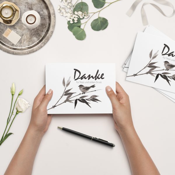 15 x Trauer Danksagungskarten mit Umschlag DIN A6, Motiv Aquarell Look schwarz weisser Vogel, Danke Sagen nach Beerdigung – Bild 2