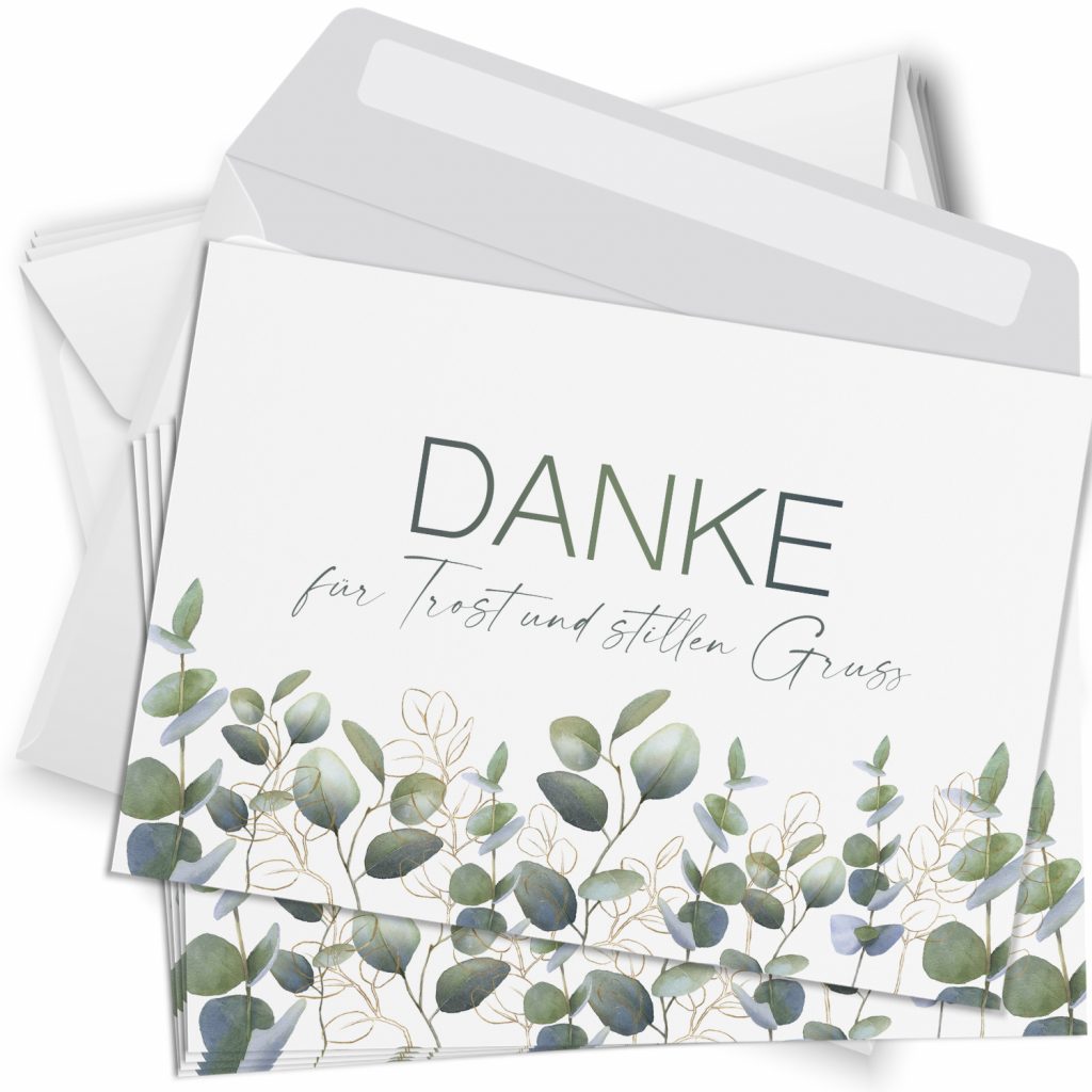 10 Dankeskarten Trauer mit Umschlag Motiv EUCYLYPTUS Karte nach Beerdigung zum Danke sagen Danksagung Trauerkarten Danksagungskarten