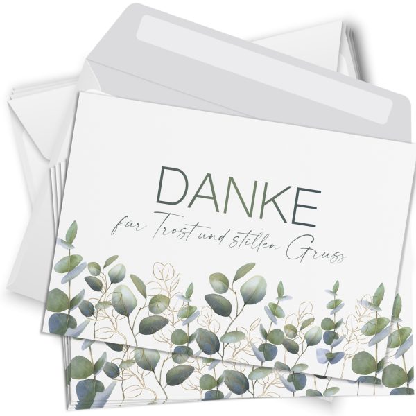 15 Dankeskarten Trauer mit Umschlag Motiv EUCYLYPTUS Karte nach Beerdigung zum Danke sagen Danksagung Trauerkarten Danksagungskarten