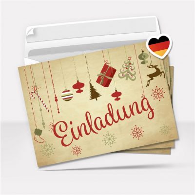10 Einladungskarten Weihnachtsfeier mit Umschlägen – Hochwertige Postkarten Einladungen Weihnachten, Weihnachtsfeier, Advent & Heiligabend - Motiv Beige Vintage Weihnachtliche Symbole