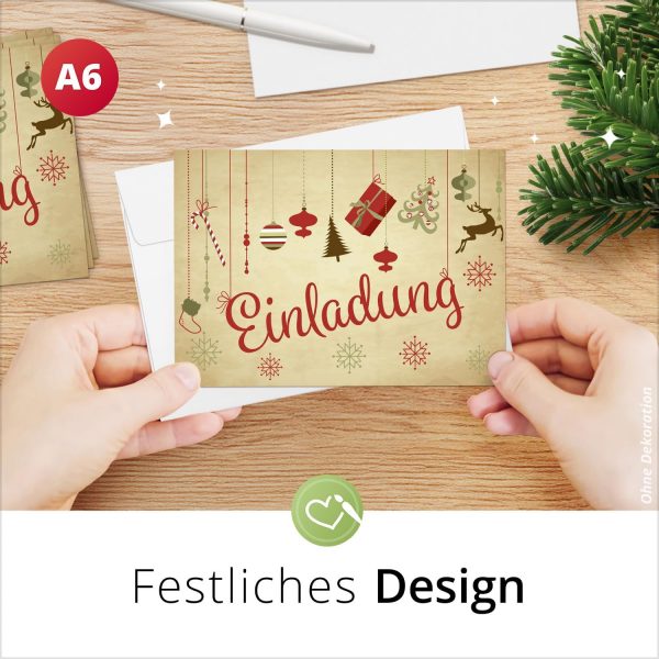 10 Einladungskarten Weihnachtsfeier mit Umschlägen – Hochwertige Postkarten Einladungen Weihnachten, Weihnachtsfeier, Advent & Heiligabend - Motiv Beige Vintage Weihnachtliche Symbole – Bild 2