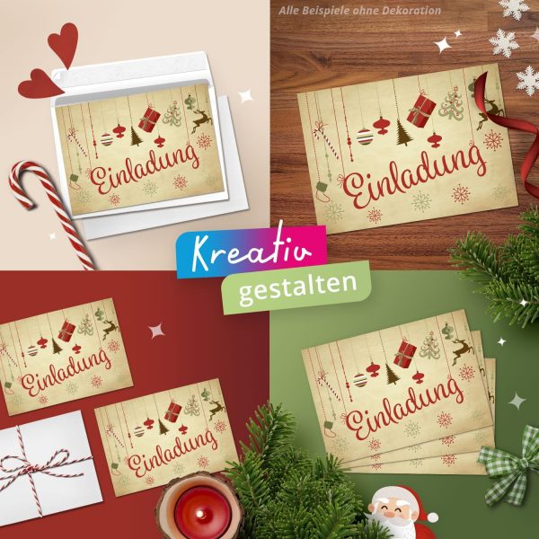 10 Einladungskarten Weihnachtsfeier mit Umschlägen – Hochwertige Postkarten Einladungen Weihnachten, Weihnachtsfeier, Advent & Heiligabend - Motiv Beige Vintage Weihnachtliche Symbole – Bild 4