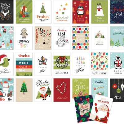 30 Weihnachtskarten Set mit Umschlag 30 Motive Grußkarten Frohe Weihnachten Postkarten Weihnachtspostkarten Mix 1