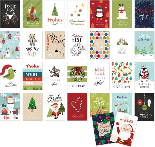 30 Weihnachtskarten Set mit Umschlag 30 Motive Grußkarten Frohe Weihnachten Postkarten Weihnachtspostkarten Mix 1