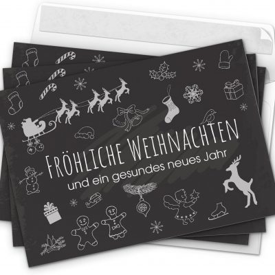 10 moderne Weihnachtskarten mit Umschlag, Motiv Tafel Kreide Look (schwarz, modern, Typo) im Postkarten Format/Weihnachten/Weihnachtspostkarten