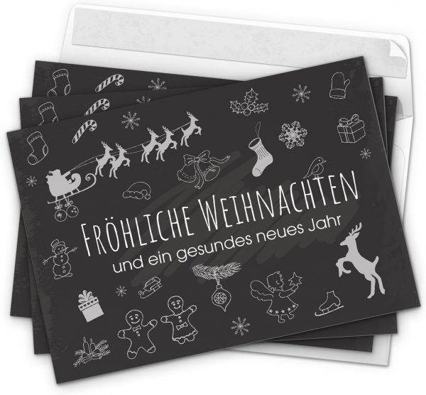 10 moderne Weihnachtskarten mit Umschlag, Motiv Tafel Kreide Look (schwarz, modern, Typo) im Postkarten Format/Weihnachten/Weihnachtspostkarten