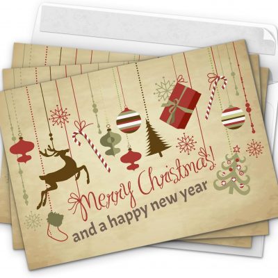 10 moderne Weihnachtskarten mit Umschlag, Motiv Weihnachtliche Anhänger Merry Christmas (Beige, Vintage, Braun) im Postkarten Format/Weihnachten/Weihnachtspostkarten