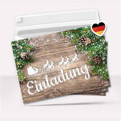 10 Einladungskarten Weihnachtsfeier mit Umschlägen – Hochwertige Postkarten Einladungen Weihnachten, Weihnachtsfeier, Advent & Heiligabend - Motiv Vintage Holz