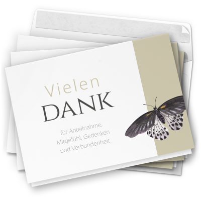 Danksagungskarten Trauer – 10 Stück mit Umschlägen – Motiv: Schmetterling auf Beige – Trauerkarten Danksagung mit Text  Dankeskarten Trauer Beerdigung
