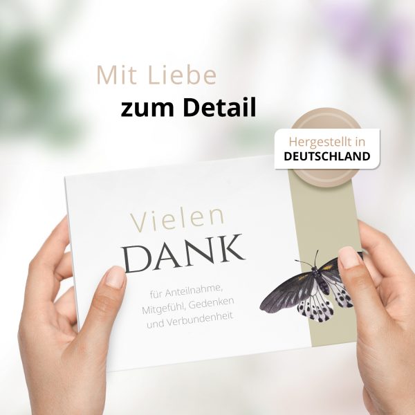 Danksagungskarten Trauer – 10 Stück mit Umschlägen – Motiv: Schmetterling auf Beige – Trauerkarten Danksagung mit Text  Dankeskarten Trauer Beerdigung – Bild 2