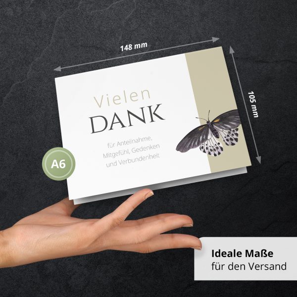Danksagungskarten Trauer – 10 Stück mit Umschlägen – Motiv: Schmetterling auf Beige – Trauerkarten Danksagung mit Text  Dankeskarten Trauer Beerdigung – Bild 3