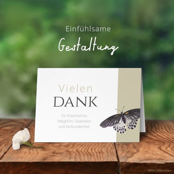 Danksagungskarten Trauer – 10 Stück mit Umschlägen – Motiv: Schmetterling auf Beige – Trauerkarten Danksagung mit Text  Dankeskarten Trauer Beerdigung – Bild 5