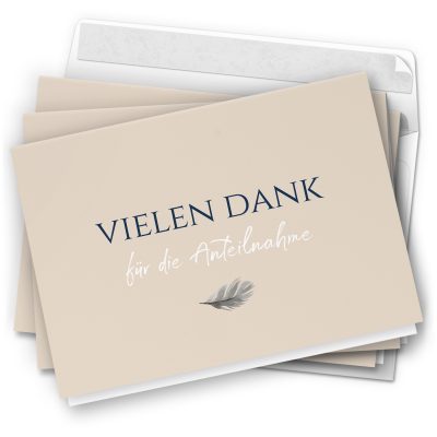 Danksagungskarten Trauer – 10 Stück mit Umschlägen – Motiv: Feder auf Beige – Trauerkarten Danksagung mit Text – Dankeskarten Trauer nach Beerdigung