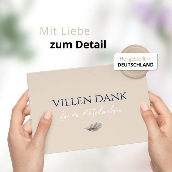 Danksagungskarten Trauer – 10 Stück mit Umschlägen – Motiv: Feder auf Beige – Trauerkarten Danksagung mit Text – Dankeskarten Trauer nach Beerdigung – Bild 2