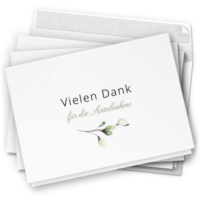 Danksagungskarten Trauer – 10 Stück mit Umschlägen – Motiv: Zarte Blätter– Trauerkarten Danksagung mit Text – Dankeskarten Trauer nach Beerdigung