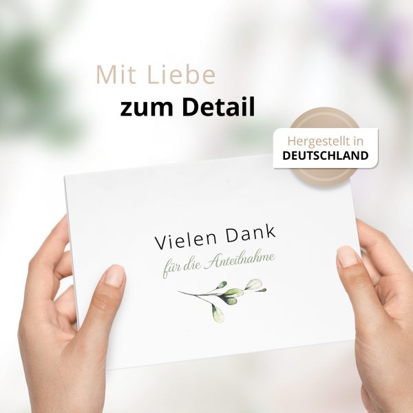 Danksagungskarten Trauer – 10 Stück mit Umschlägen – Motiv: Zarte Blätter– Trauerkarten Danksagung mit Text – Dankeskarten Trauer nach Beerdigung – Bild 2