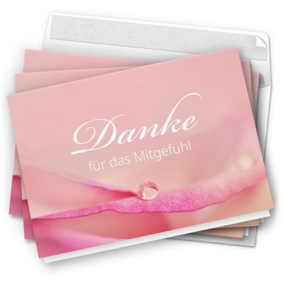 Danksagungskarten Trauer – 10 Stück mit Umschlägen – Motiv: Tropfen auf Rosa – Trauerkarten Danksagung mit Text – Dankeskarten Trauer nach Beerdigung