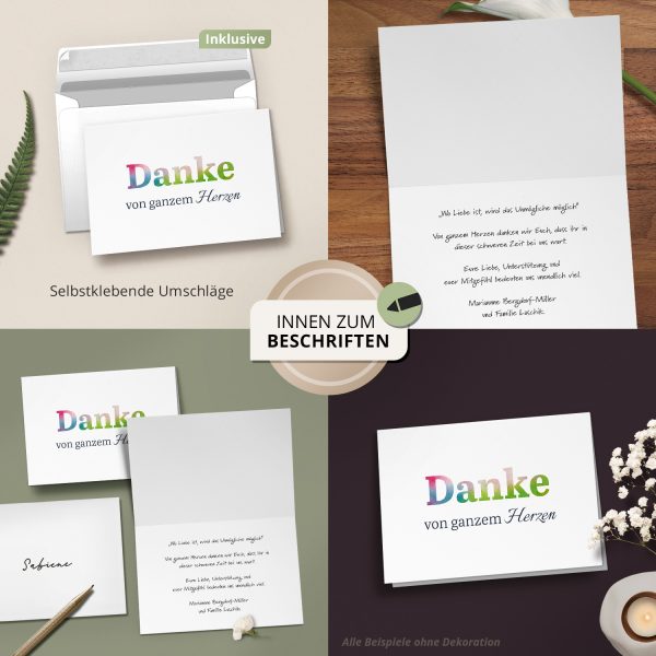 Danksagungskarten Trauer – 10 Stück mit Umschlägen – Motiv: Regenbogen Danke – Trauerkarten Danksagung mit Text – Dankeskarten Trauer nach Beerdigung – Bild 3