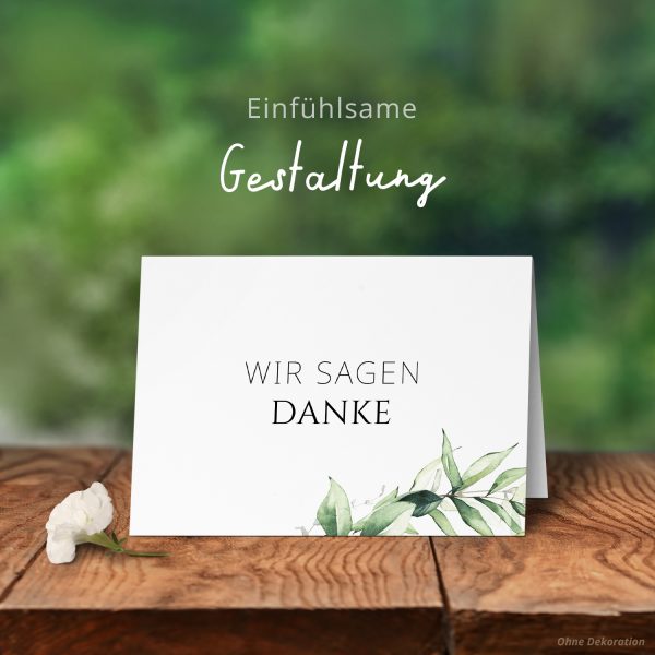 Danksagungskarten Trauer – 10 Stück mit Umschlägen – Motiv: Grüne Blätter – Trauerkarten Danksagung mit Text – Dankeskarten Trauer nach Beerdigung – Bild 6