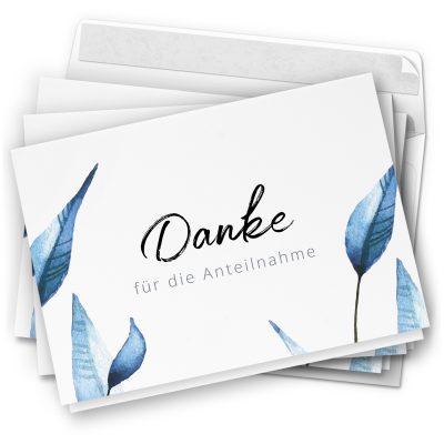 Danksagungskarten Trauer – 10 Stück mit Umschlägen – Motiv: Blaue Blätter– Trauerkarten Danksagung mit Text – Dankeskarten Trauer nach Beerdigung