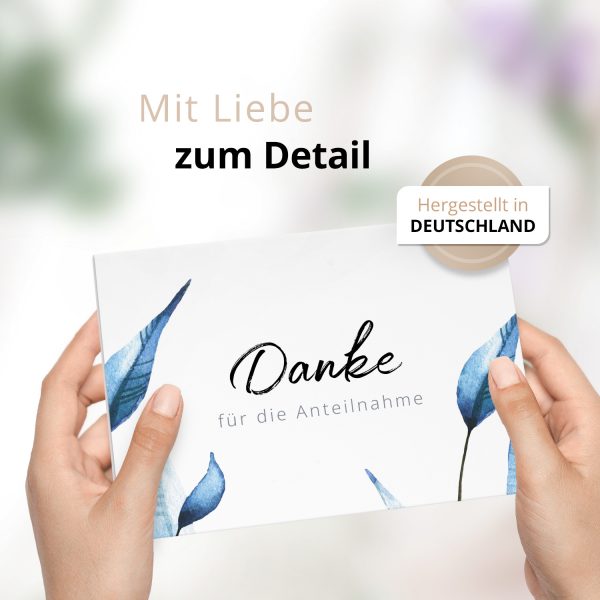 Danksagungskarten Trauer – 10 Stück mit Umschlägen – Motiv: Blaue Blätter– Trauerkarten Danksagung mit Text – Dankeskarten Trauer nach Beerdigung – Bild 2