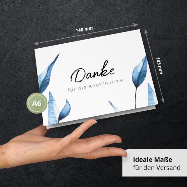 Danksagungskarten Trauer – 10 Stück mit Umschlägen – Motiv: Blaue Blätter– Trauerkarten Danksagung mit Text – Dankeskarten Trauer nach Beerdigung – Bild 4