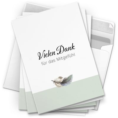 Danksagungskarten Trauer – 10 Stück mit Umschlägen – Motiv: Feder auf Mint – Trauerkarten Danksagung mit Text – Dankeskarten Trauer nach Beerdigung