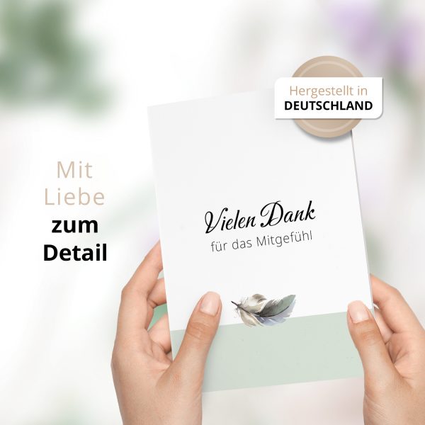 Danksagungskarten Trauer – 10 Stück mit Umschlägen – Motiv: Feder auf Mint – Trauerkarten Danksagung mit Text – Dankeskarten Trauer nach Beerdigung – Bild 2