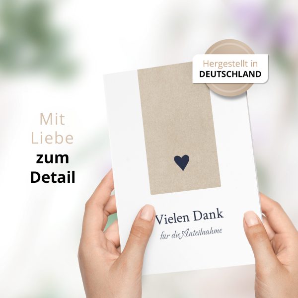 Danksagungskarten Trauer – 10 Stück mit Umschlägen – Motiv: Schlichtes Herz – Trauerkarten Danksagung mit Text – Dankeskarten Trauer nach Beerdigung – Bild 2