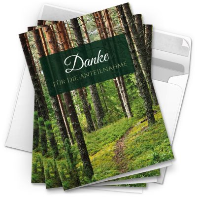 Danksagungskarten Trauer – 10 Stück mit Umschlägen – Motiv: Waldweg – Trauerkarten Danksagung mit Text – Dankeskarten Trauer nach Beerdigung